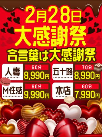 大和ナデシコ～人妻～の★なで冬大感謝祭2月28日(金)60分8990円★