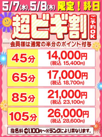 ◆5/7(水) 5/8(木)限定!!終日超ビギ割◆のリアルタイム情報