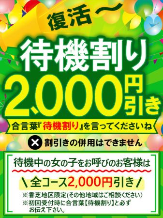 ☆待機割60分9,000円☆全コース2000円引きのリアルタイム情報